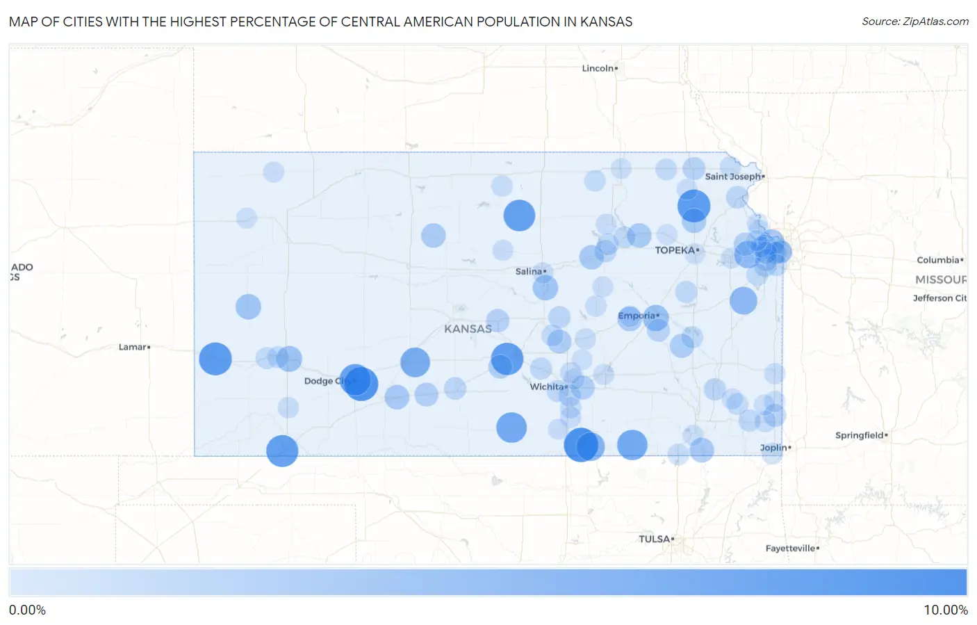 Cities with the Highest Percentage of Central American Population in Kansas Map