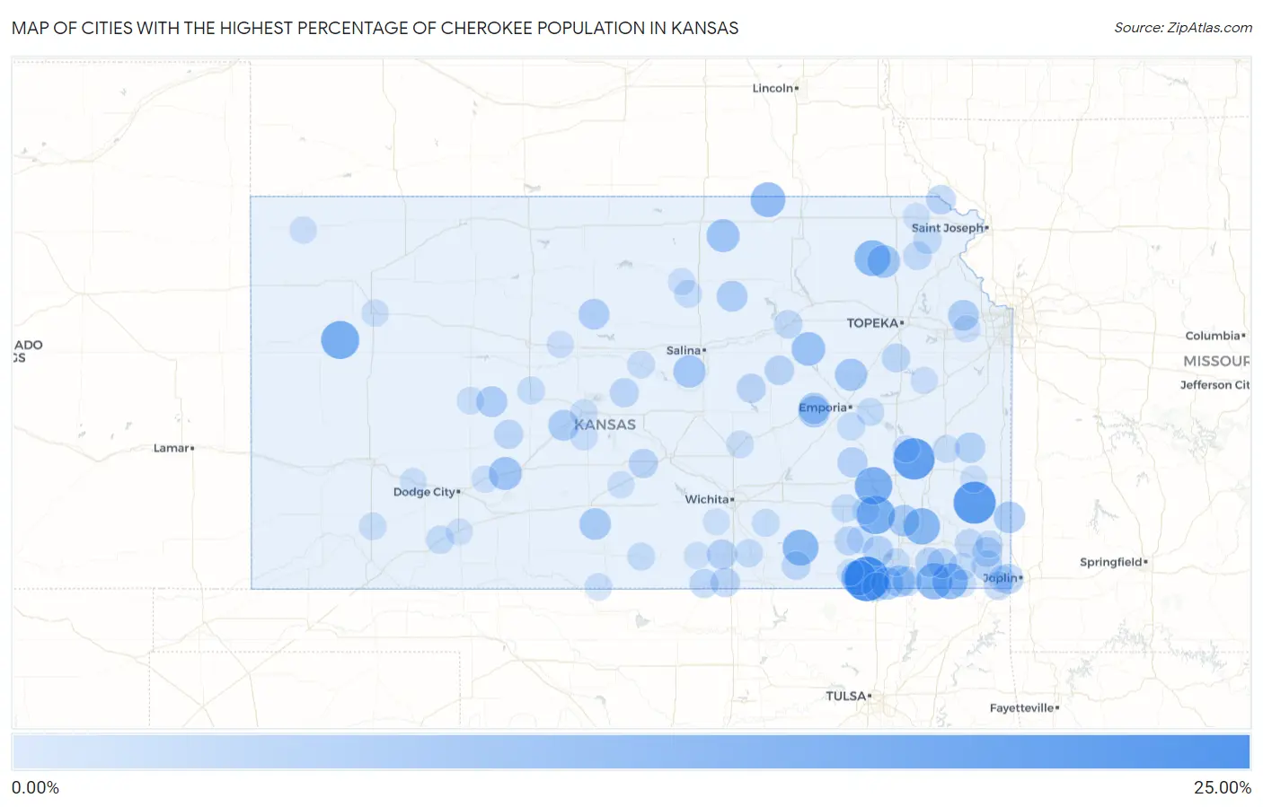 Cities with the Highest Percentage of Cherokee Population in Kansas Map