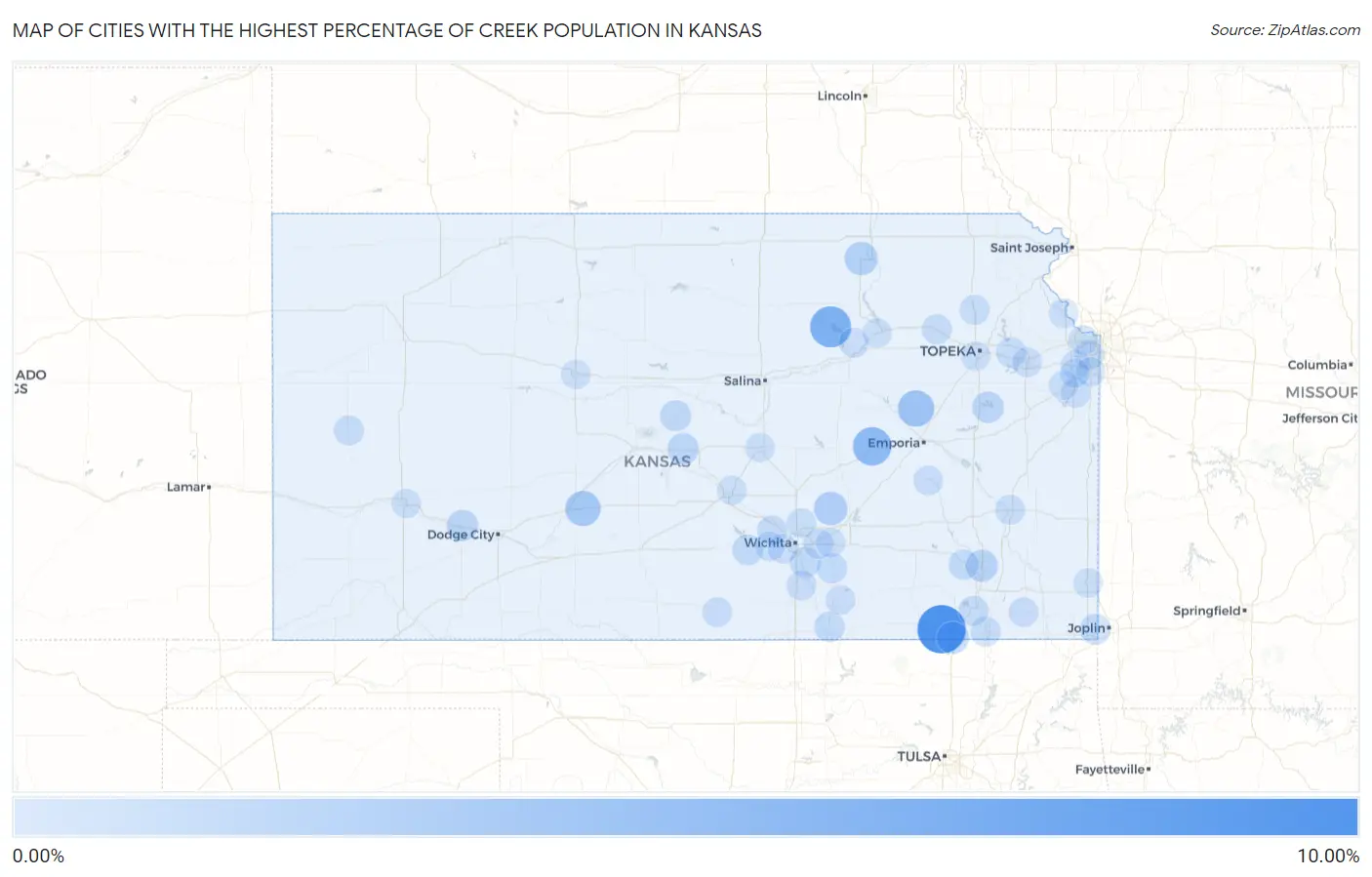 Cities with the Highest Percentage of Creek Population in Kansas Map
