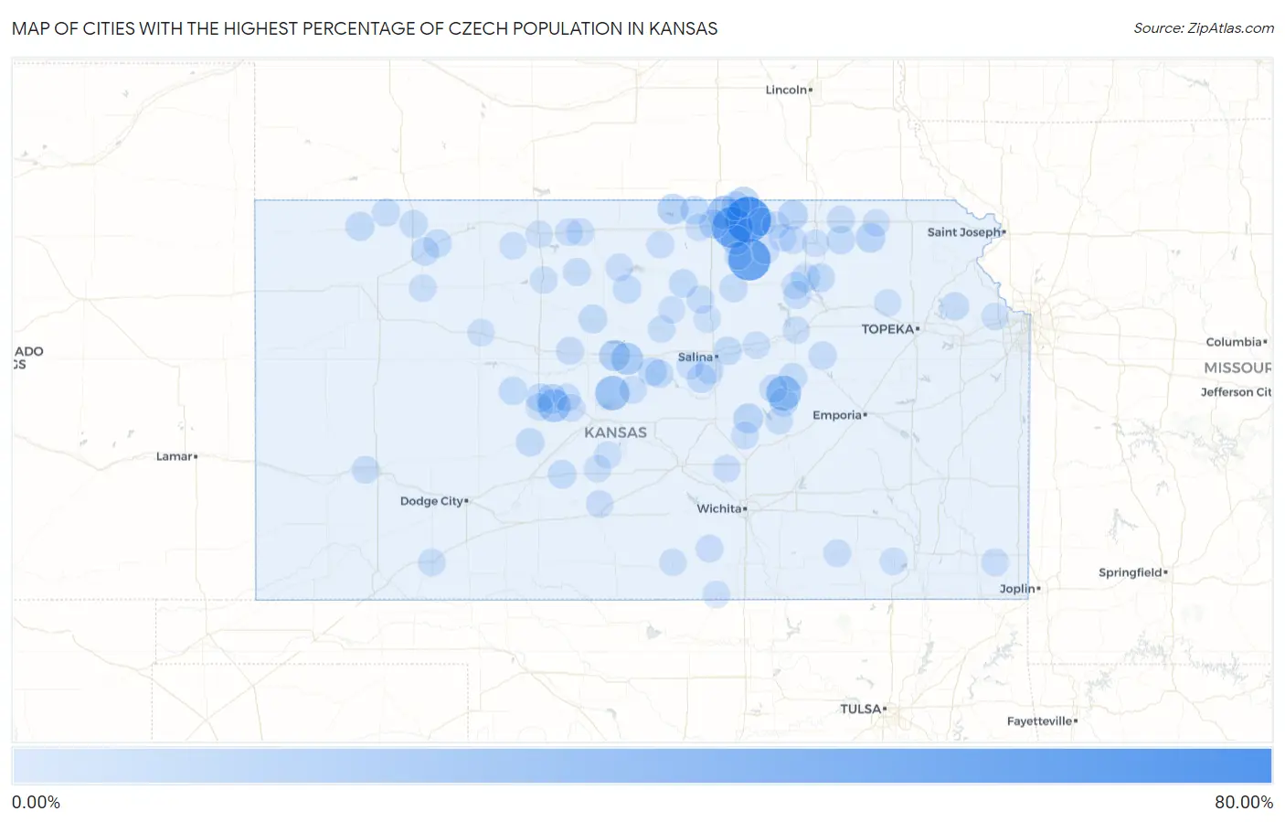 Cities with the Highest Percentage of Czech Population in Kansas Map