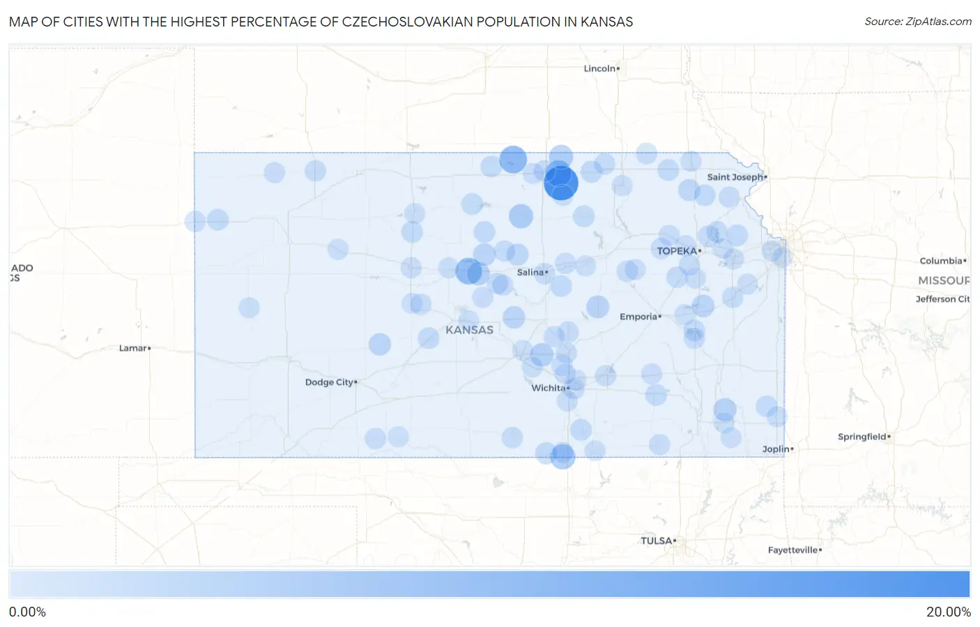 Cities with the Highest Percentage of Czechoslovakian Population in Kansas Map