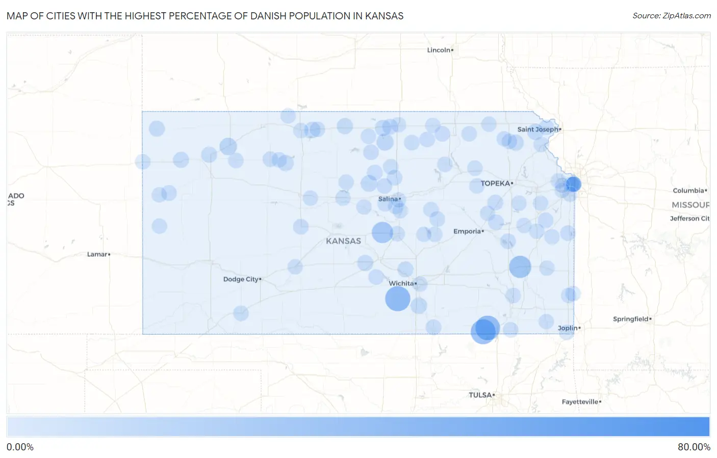 Cities with the Highest Percentage of Danish Population in Kansas Map