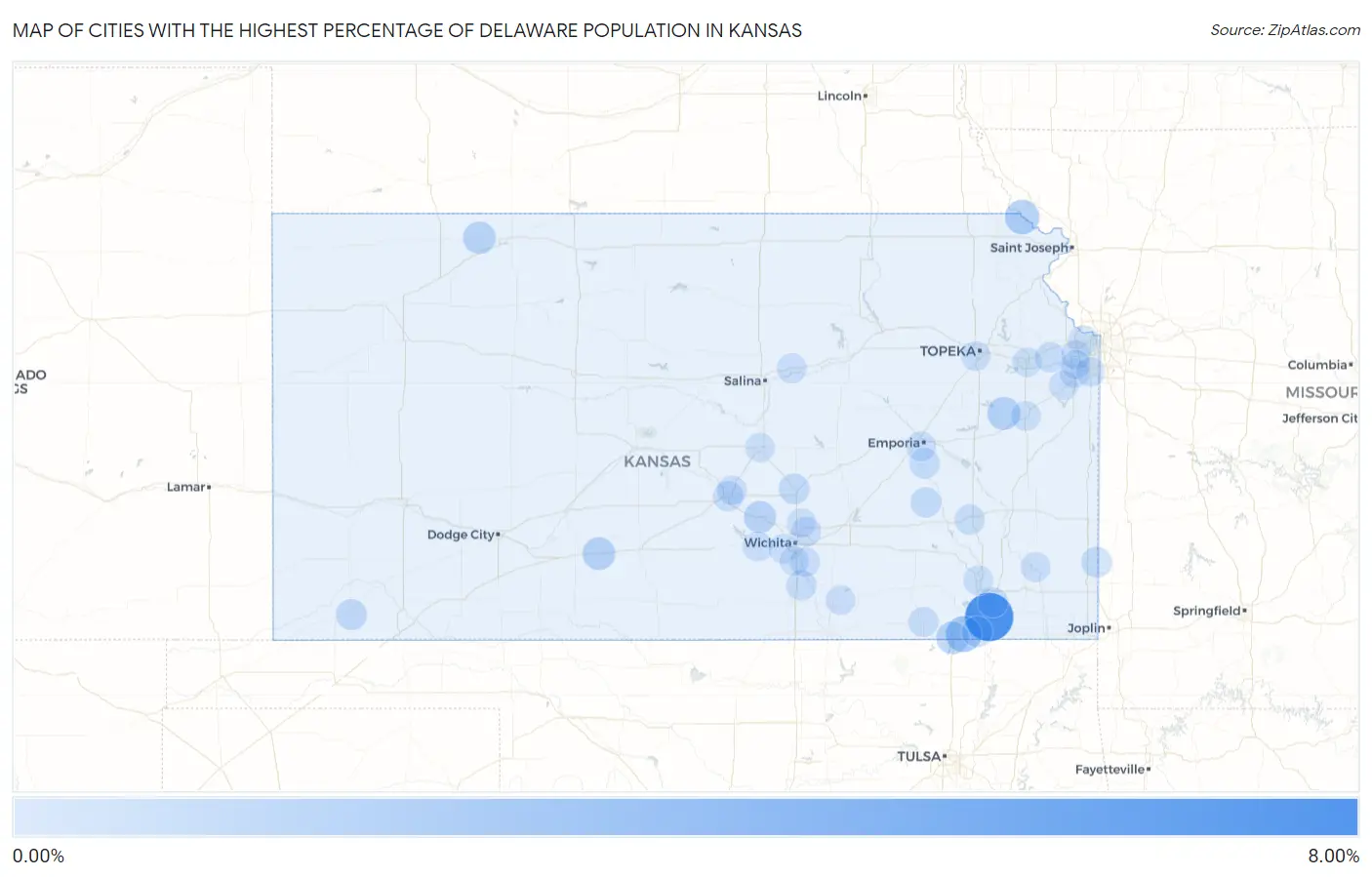 Cities with the Highest Percentage of Delaware Population in Kansas Map
