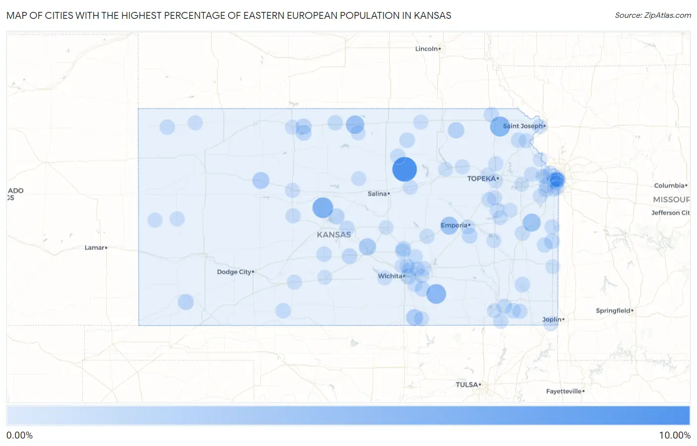 Cities with the Highest Percentage of Eastern European Population in Kansas Map