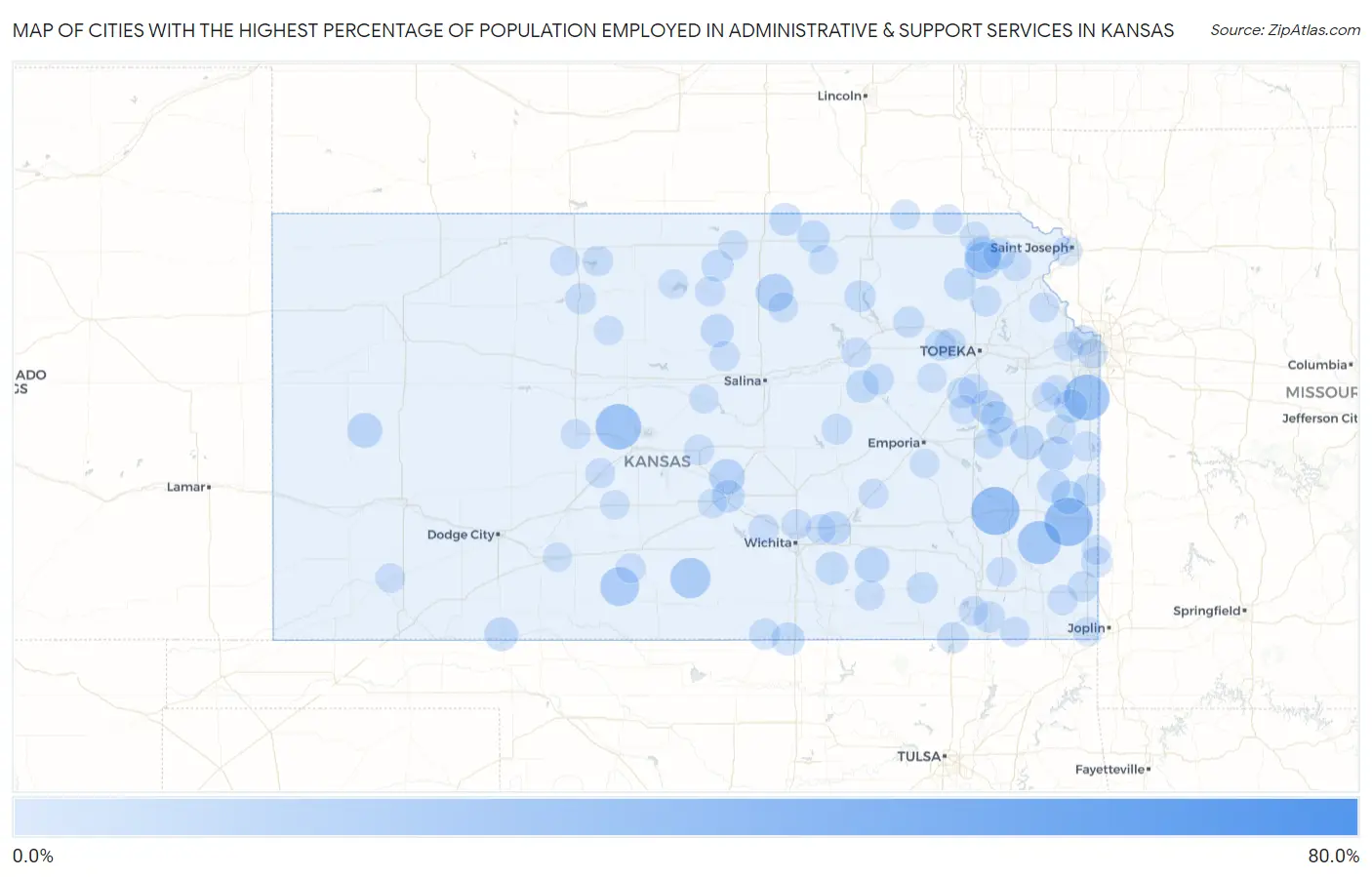 Cities with the Highest Percentage of Population Employed in Administrative & Support Services in Kansas Map