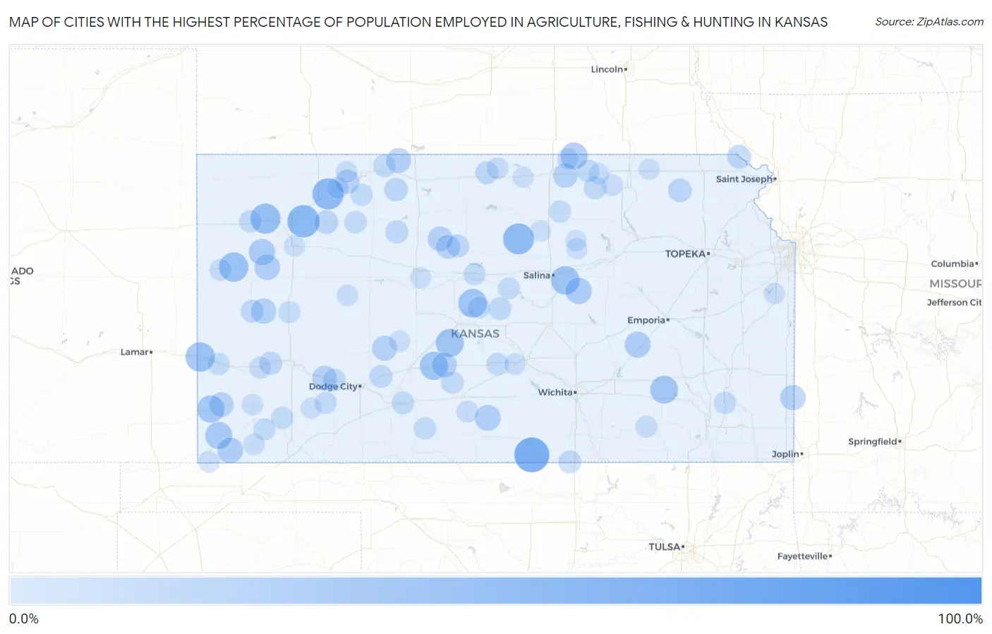 Cities with the Highest Percentage of Population Employed in Agriculture, Fishing & Hunting in Kansas Map