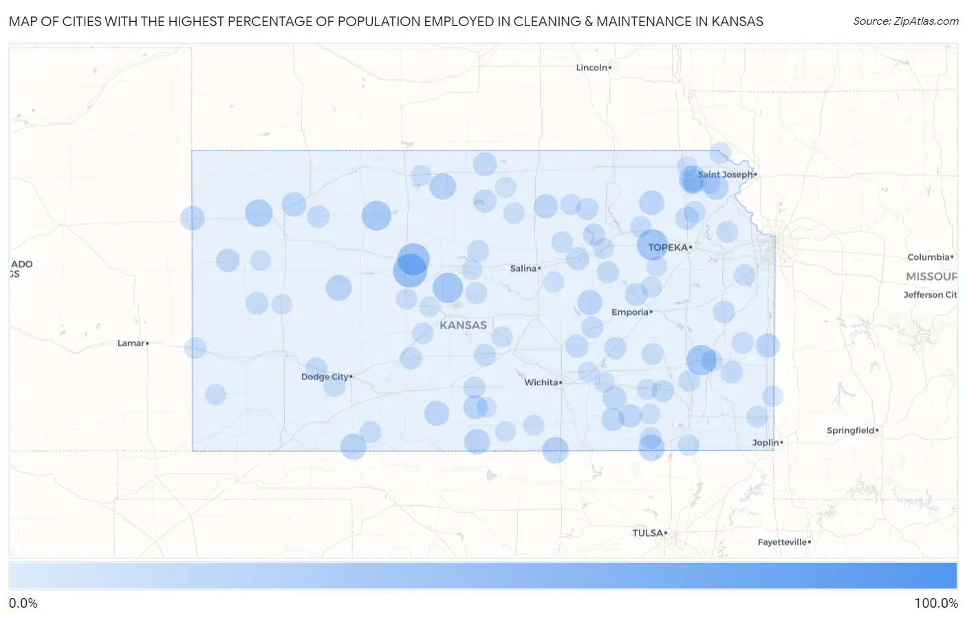 Cities with the Highest Percentage of Population Employed in Cleaning & Maintenance in Kansas Map