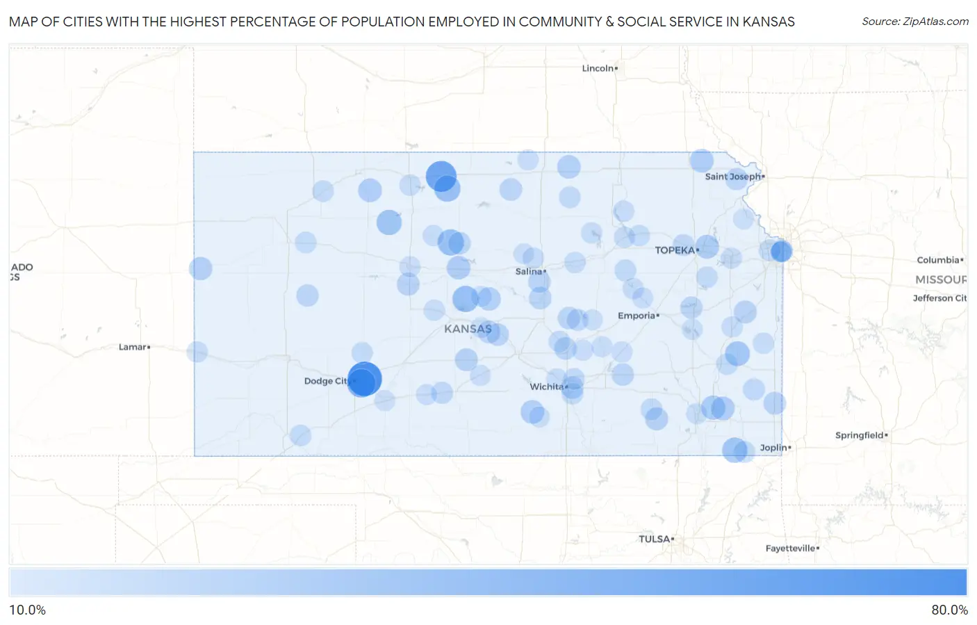 Cities with the Highest Percentage of Population Employed in Community & Social Service  in Kansas Map