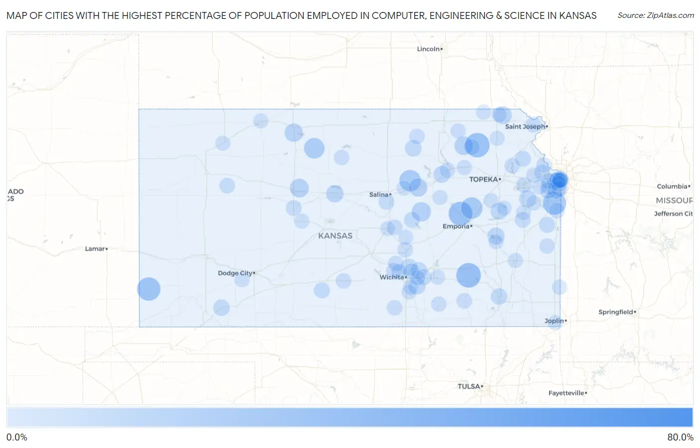 Cities with the Highest Percentage of Population Employed in Computer, Engineering & Science in Kansas Map