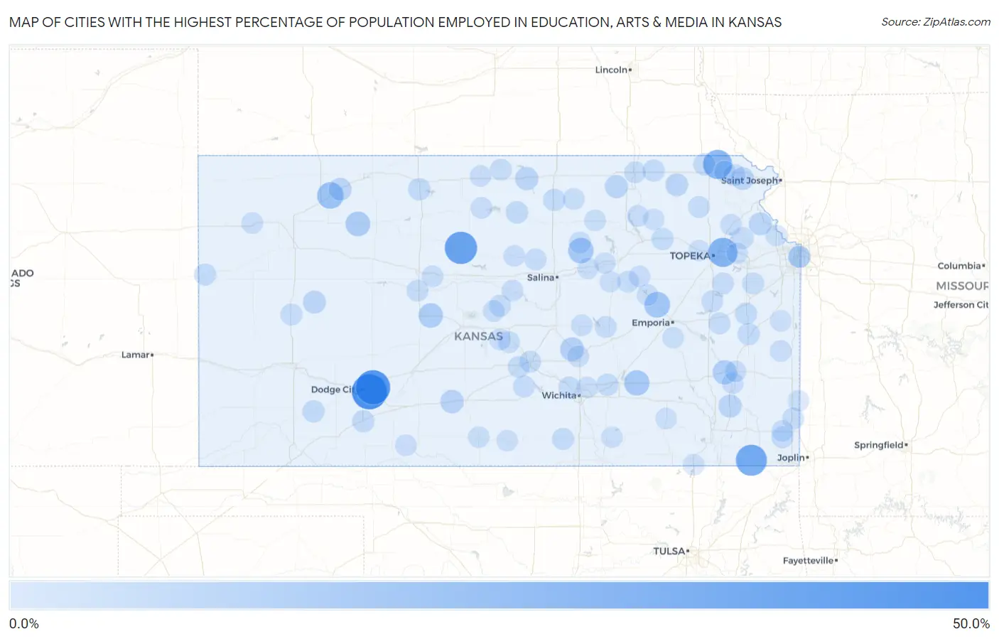 Cities with the Highest Percentage of Population Employed in Education, Arts & Media in Kansas Map