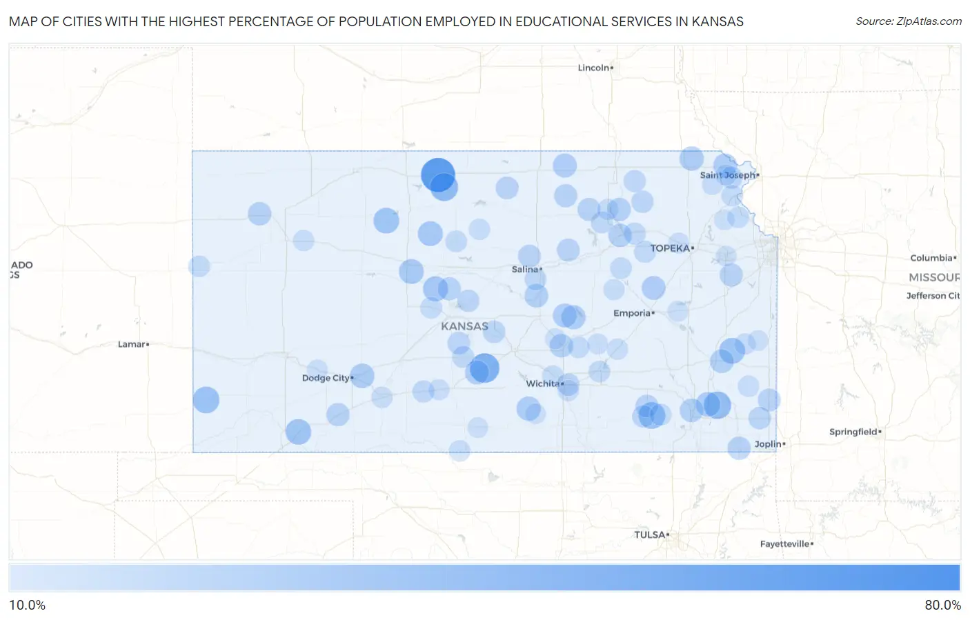 Cities with the Highest Percentage of Population Employed in Educational Services in Kansas Map