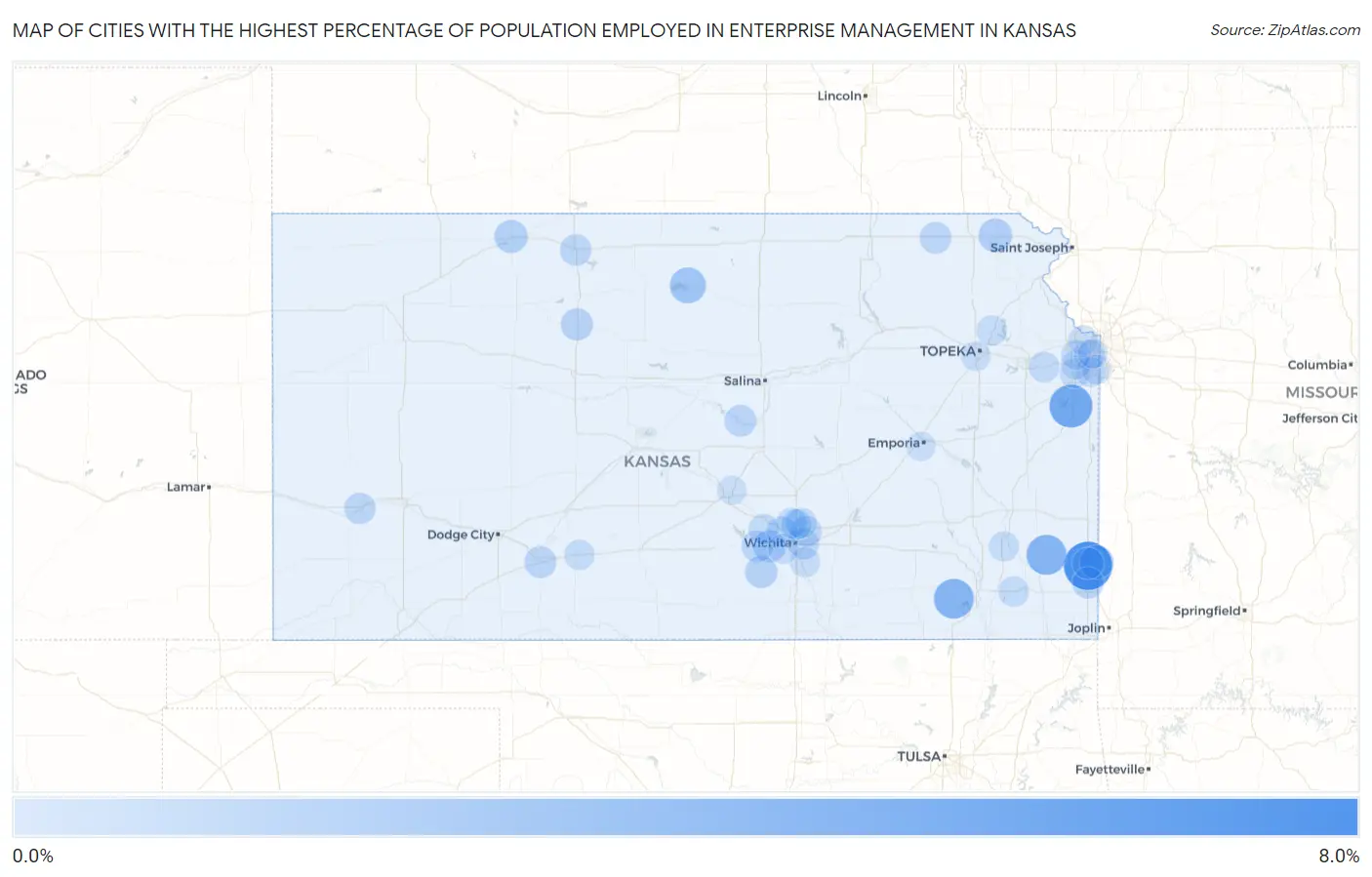 Cities with the Highest Percentage of Population Employed in Enterprise Management in Kansas Map