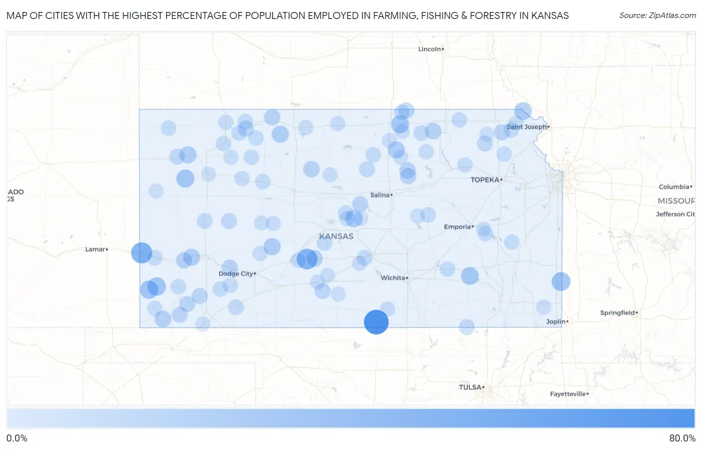 Cities with the Highest Percentage of Population Employed in Farming, Fishing & Forestry in Kansas Map
