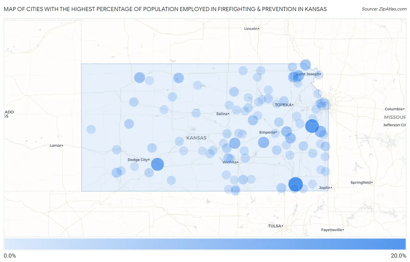 Cities with the Highest Percentage of Population Employed in Firefighting & Prevention in Kansas Map