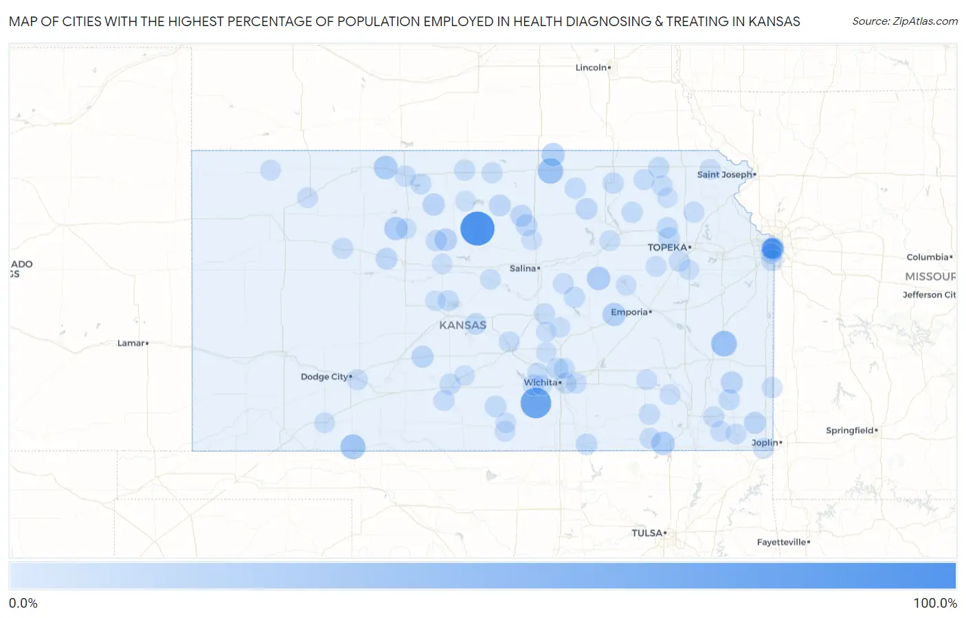 Cities with the Highest Percentage of Population Employed in Health Diagnosing & Treating in Kansas Map