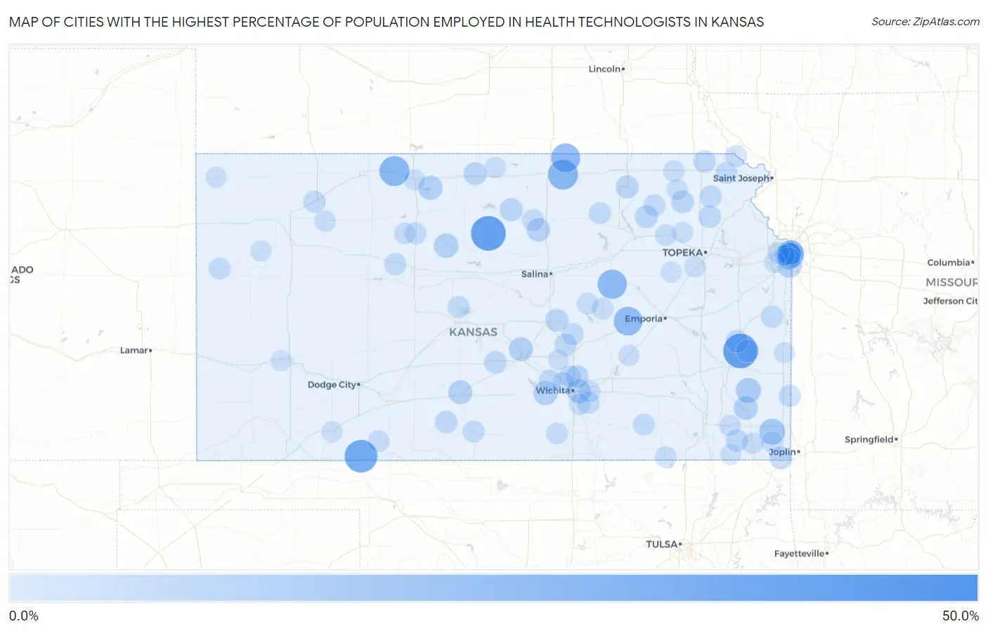 Cities with the Highest Percentage of Population Employed in Health Technologists in Kansas Map