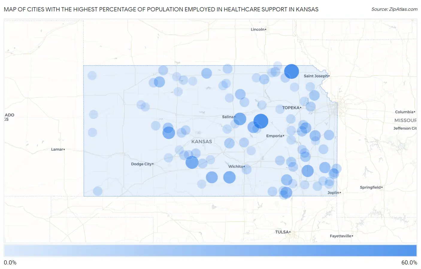 Cities with the Highest Percentage of Population Employed in Healthcare Support in Kansas Map