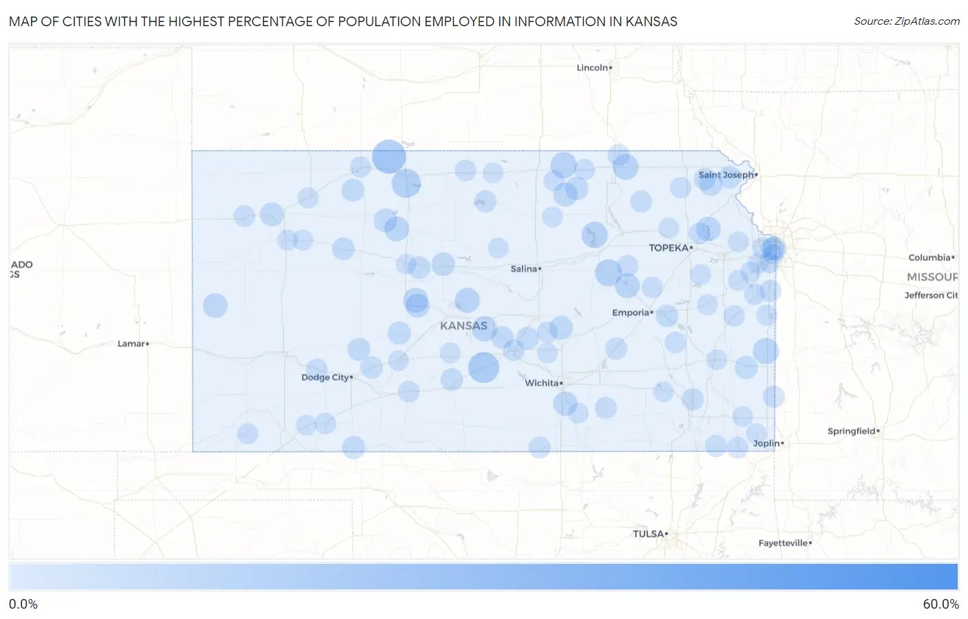 Cities with the Highest Percentage of Population Employed in Information in Kansas Map