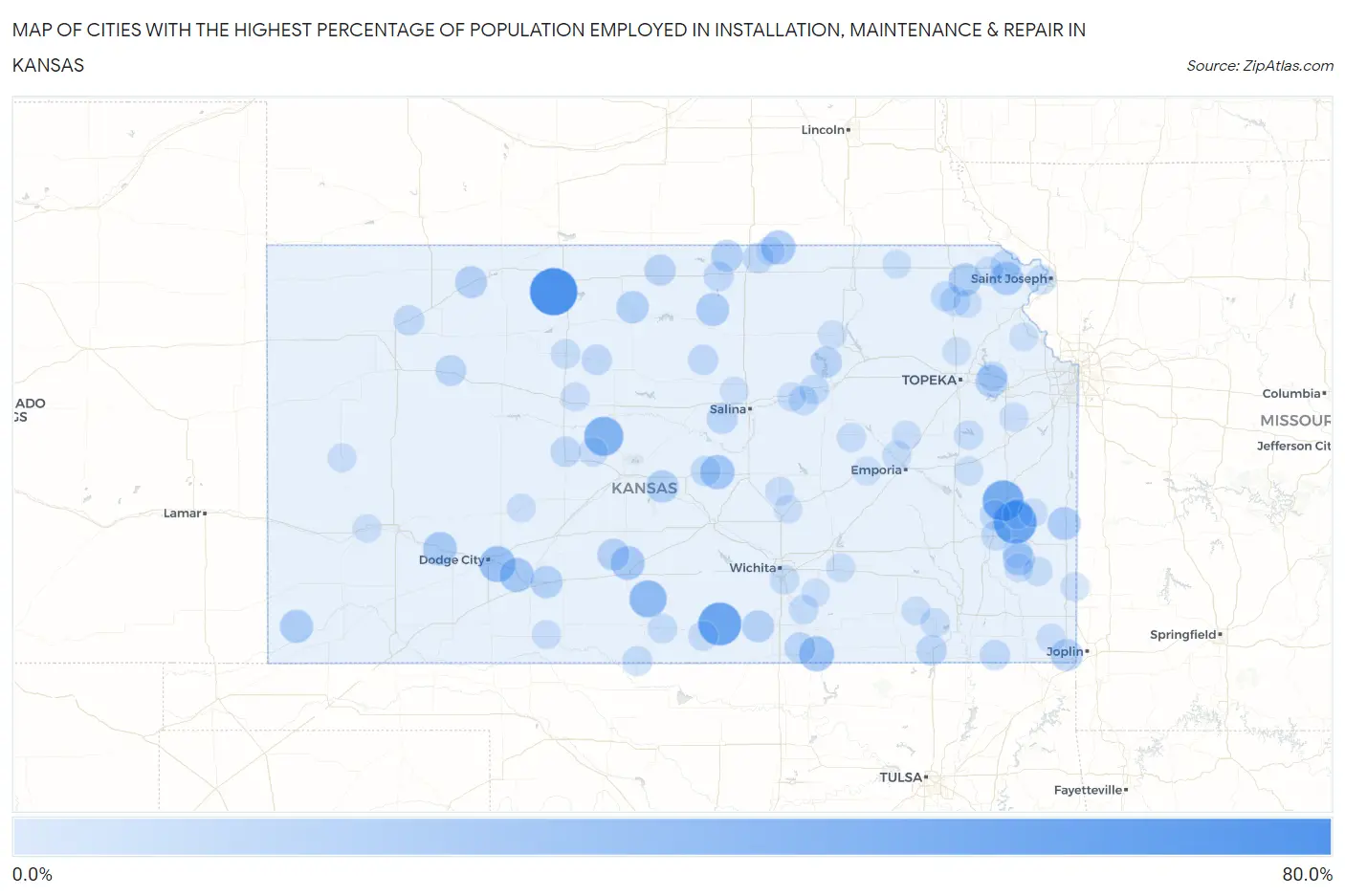 Cities with the Highest Percentage of Population Employed in Installation, Maintenance & Repair in Kansas Map