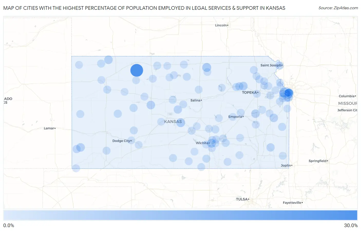 Cities with the Highest Percentage of Population Employed in Legal Services & Support in Kansas Map