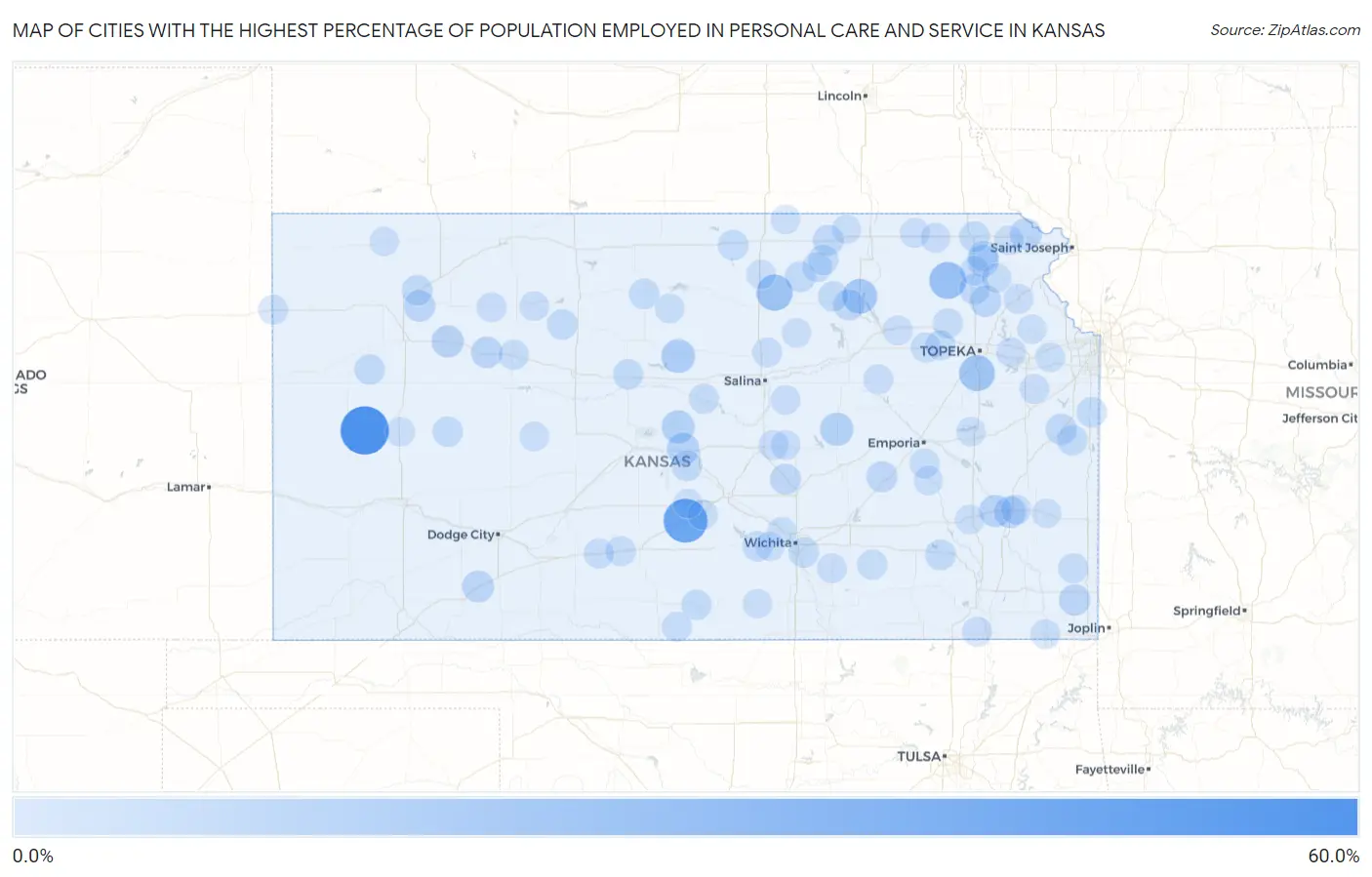 Cities with the Highest Percentage of Population Employed in Personal Care and Service in Kansas Map