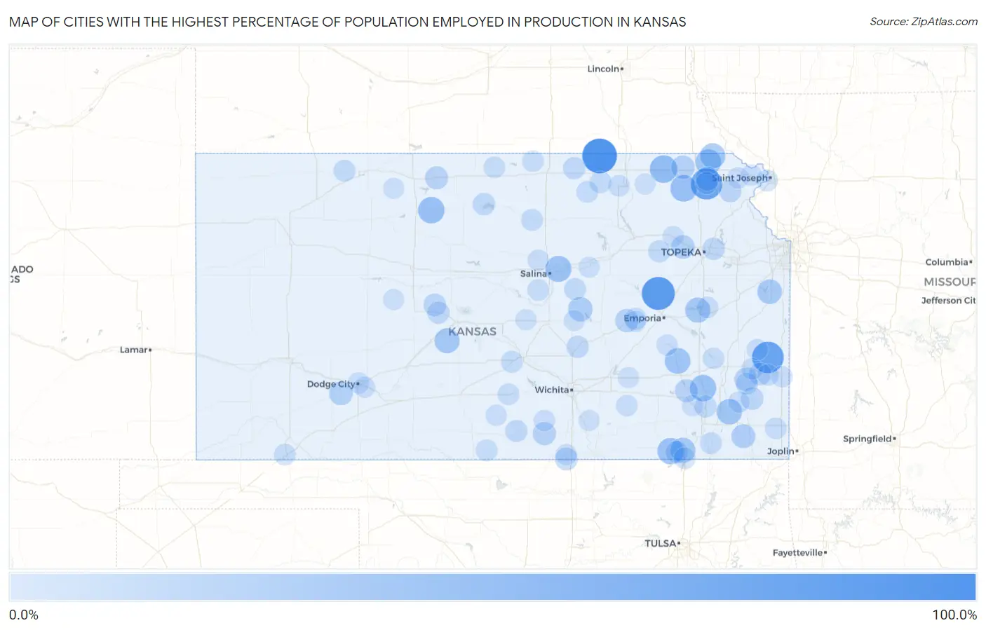 Cities with the Highest Percentage of Population Employed in Production in Kansas Map