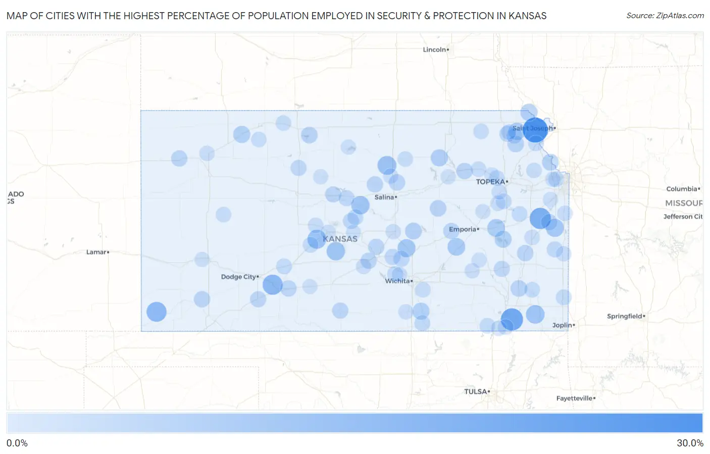 Cities with the Highest Percentage of Population Employed in Security & Protection in Kansas Map