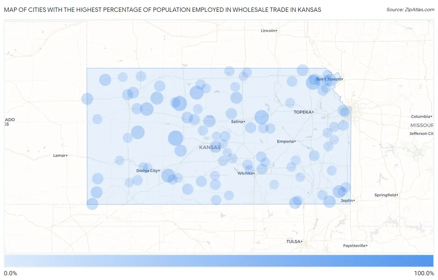 Cities with the Highest Percentage of Population Employed in Wholesale Trade in Kansas Map
