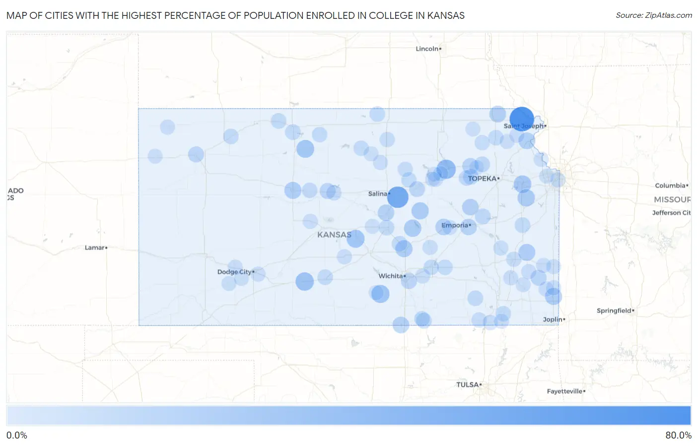 Cities with the Highest Percentage of Population Enrolled in College in Kansas Map