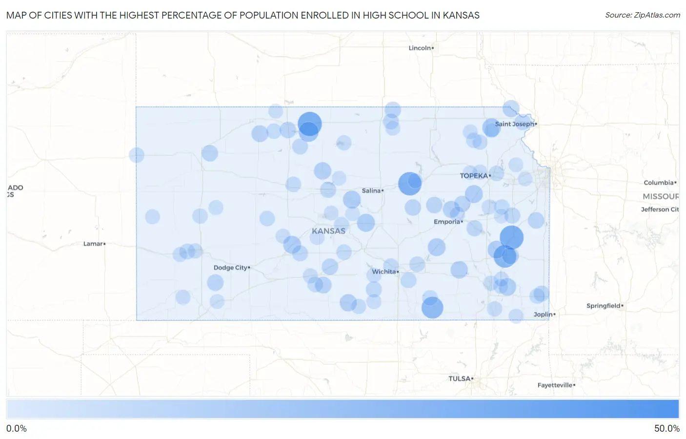 Cities with the Highest Percentage of Population Enrolled in High School in Kansas Map