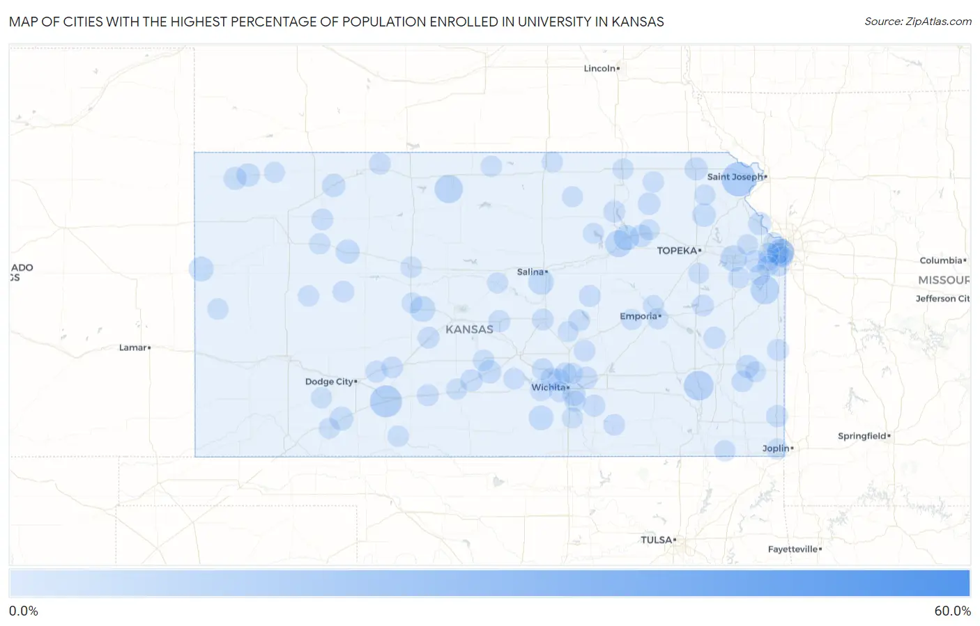 Cities with the Highest Percentage of Population Enrolled in University in Kansas Map