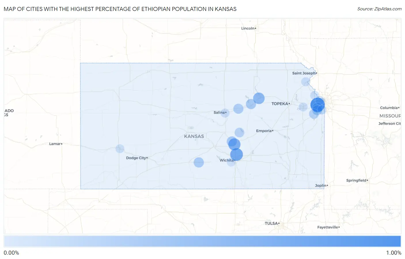 Cities with the Highest Percentage of Ethiopian Population in Kansas Map