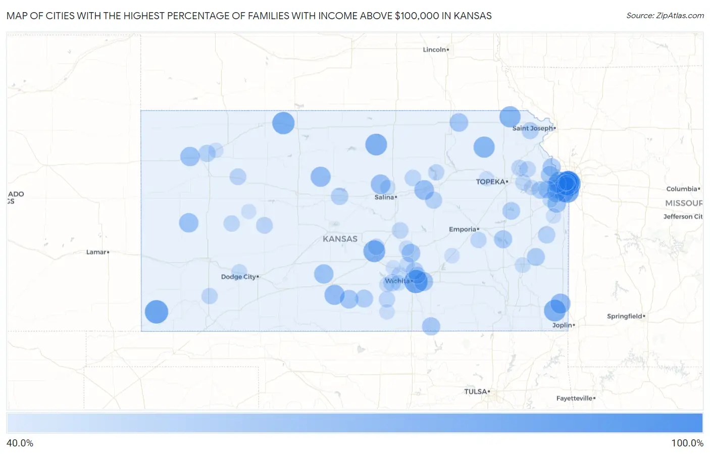 Cities with the Highest Percentage of Families with Income Above $100,000 in Kansas Map
