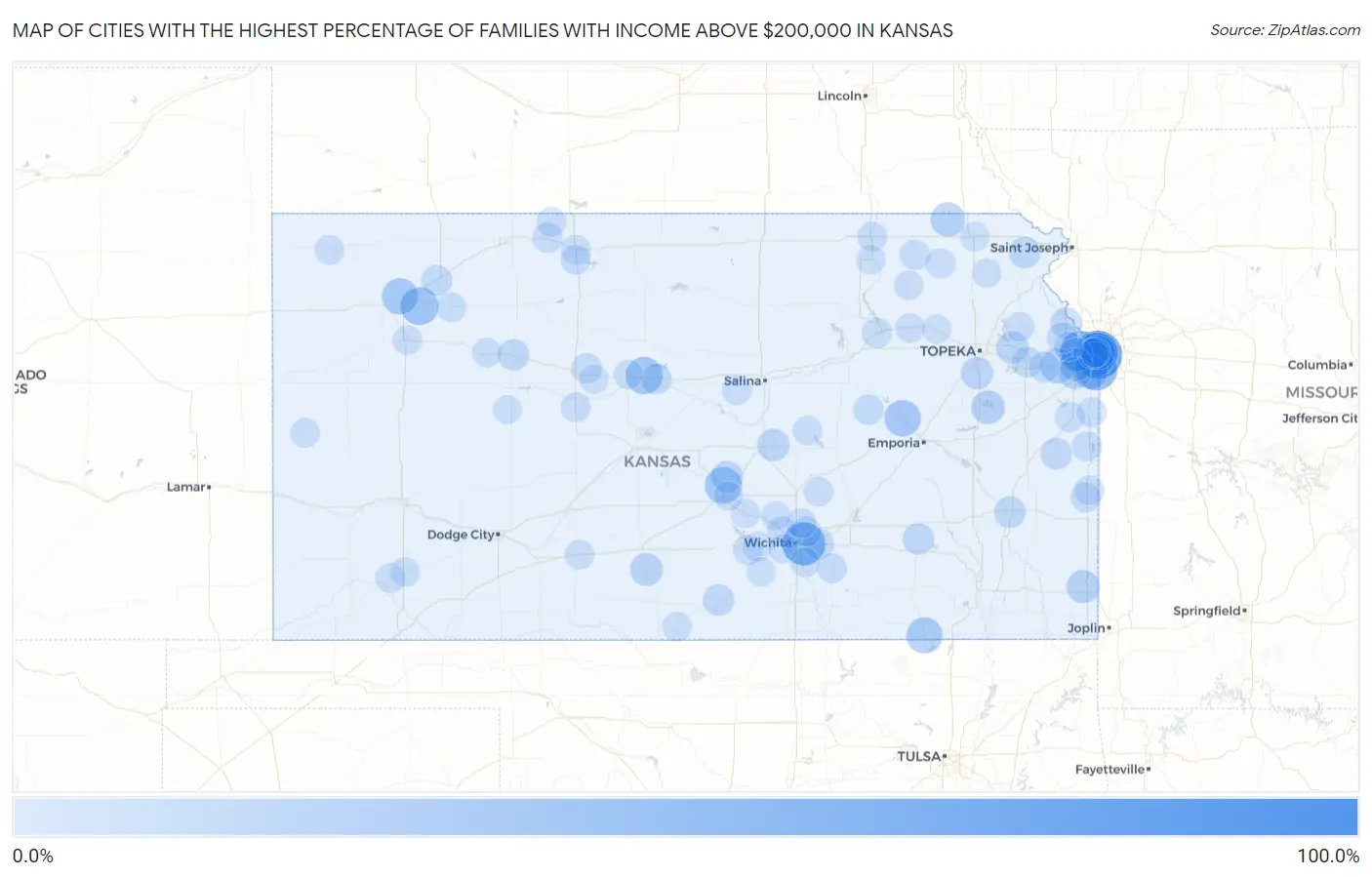 Cities with the Highest Percentage of Families with Income Above $200,000 in Kansas Map