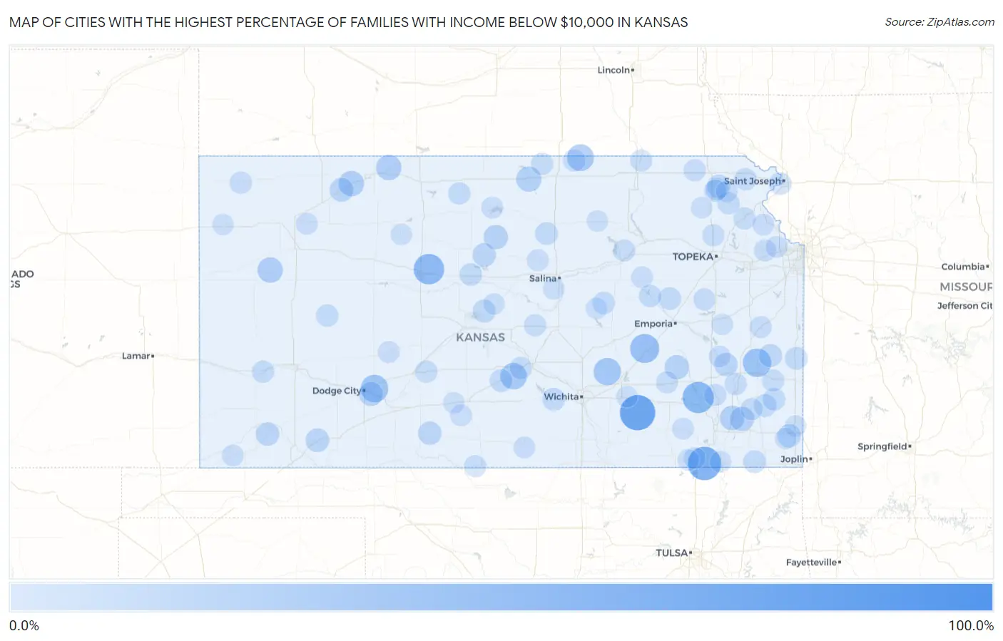 Cities with the Highest Percentage of Families with Income Below $10,000 in Kansas Map