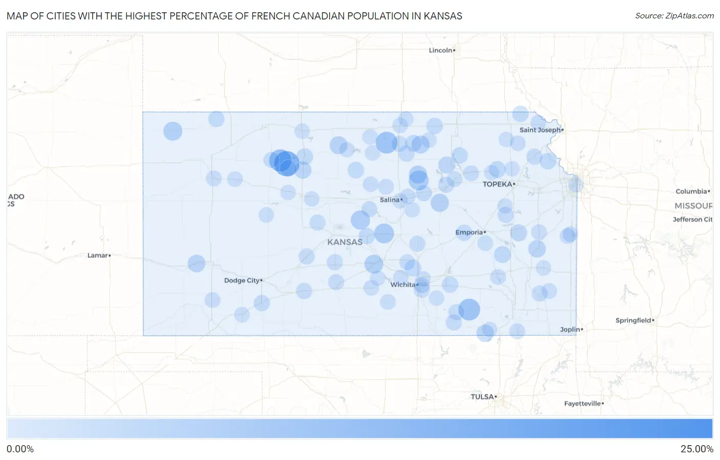 Cities with the Highest Percentage of French Canadian Population in Kansas Map