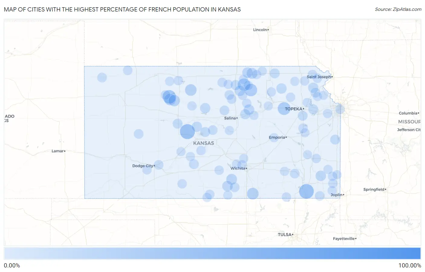 Cities with the Highest Percentage of French Population in Kansas Map
