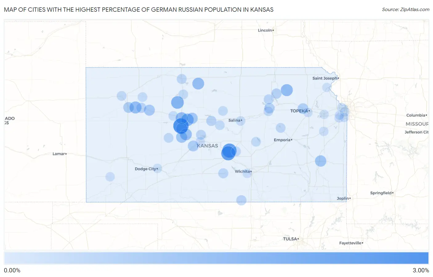 Cities with the Highest Percentage of German Russian Population in Kansas Map