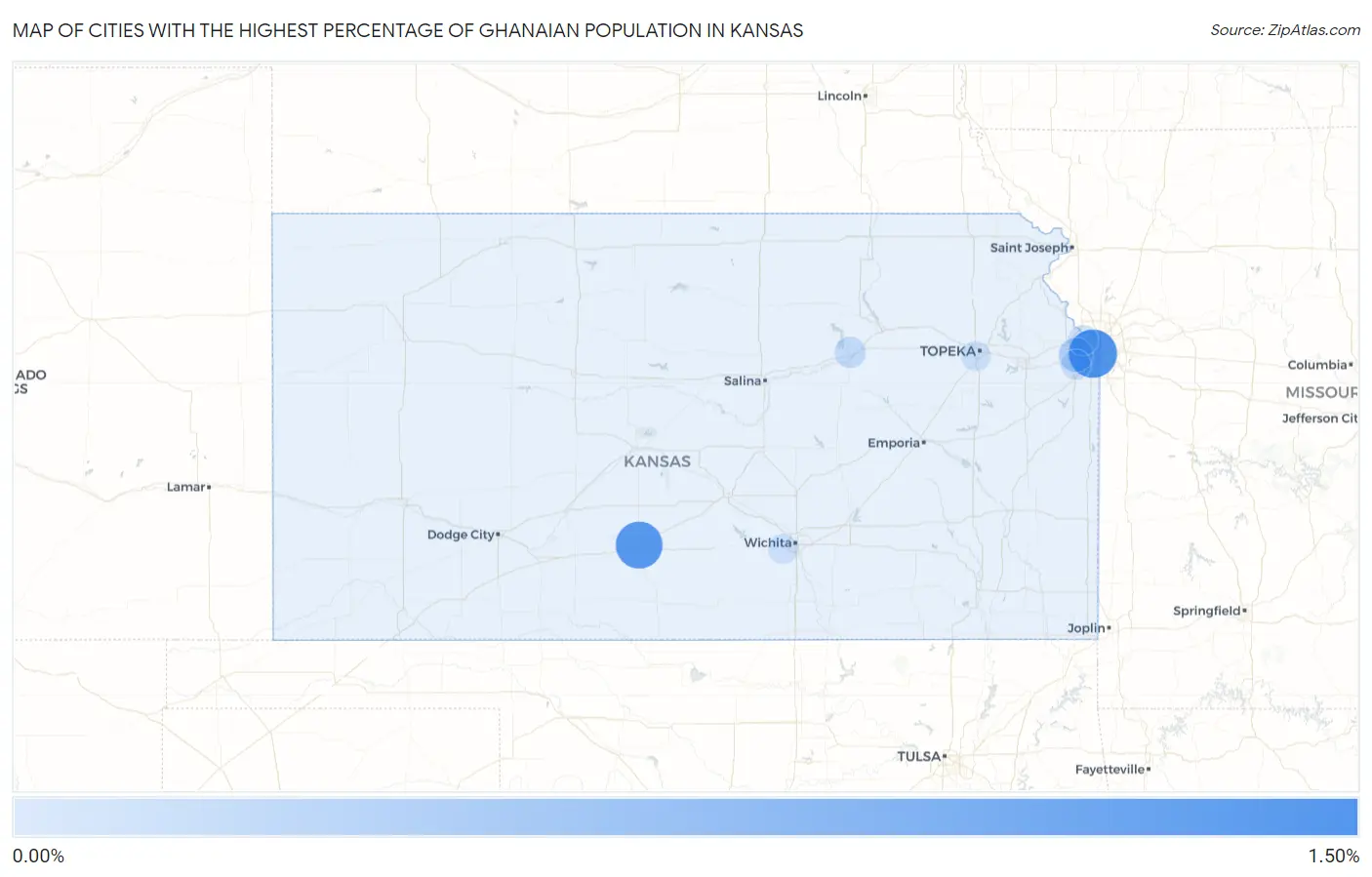Cities with the Highest Percentage of Ghanaian Population in Kansas Map