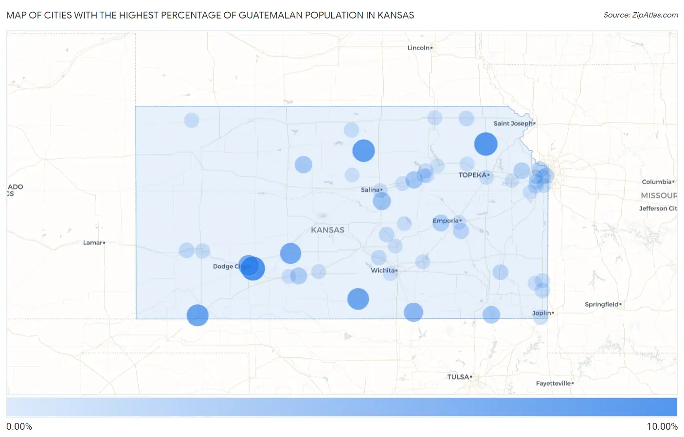 Cities with the Highest Percentage of Guatemalan Population in Kansas Map