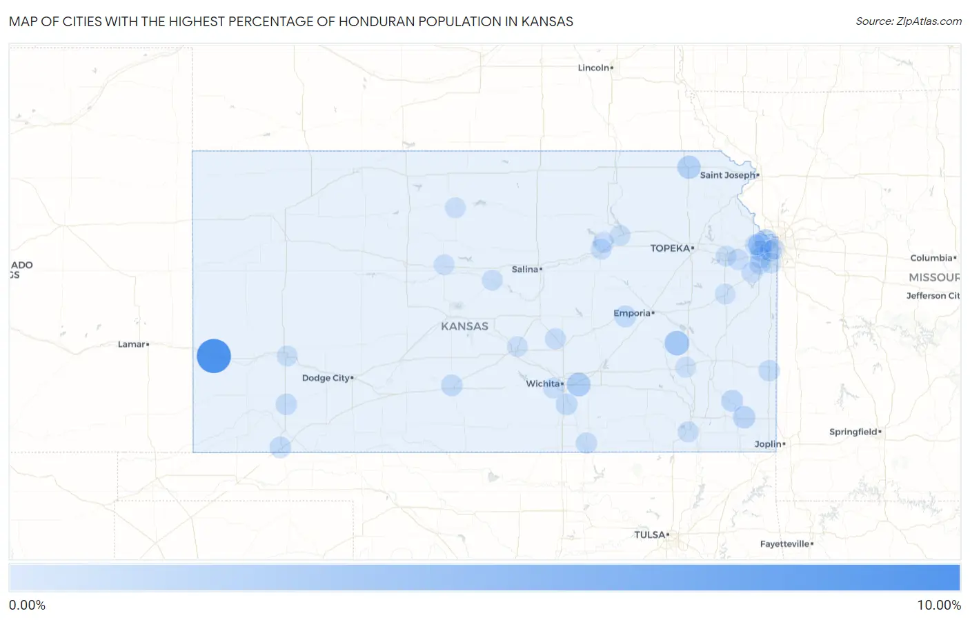 Cities with the Highest Percentage of Honduran Population in Kansas Map