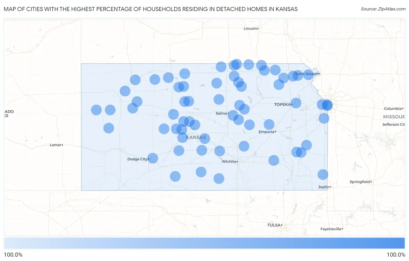 Cities with the Highest Percentage of Households Residing in Detached Homes in Kansas Map