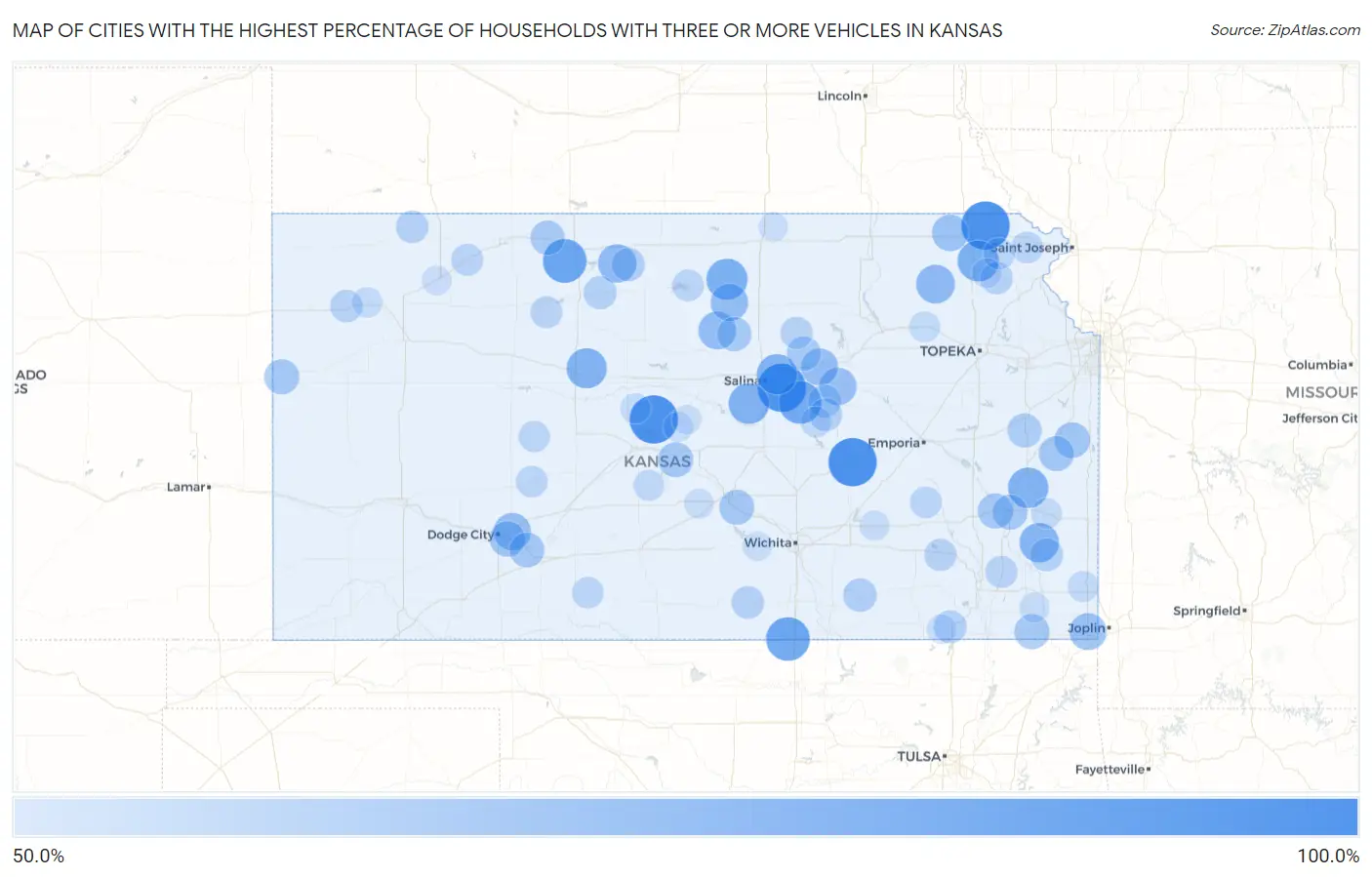 Cities with the Highest Percentage of Households With Three or more Vehicles in Kansas Map