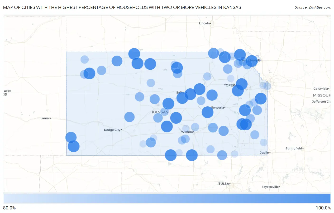 Cities with the Highest Percentage of Households With Two or more Vehicles in Kansas Map