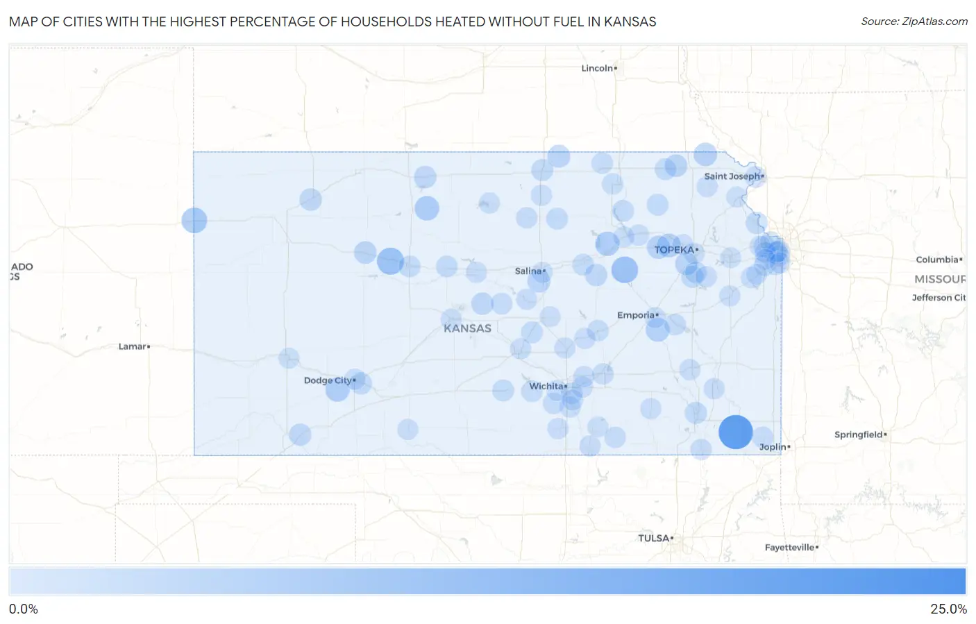 Cities with the Highest Percentage of Households Heated without Fuel in Kansas Map