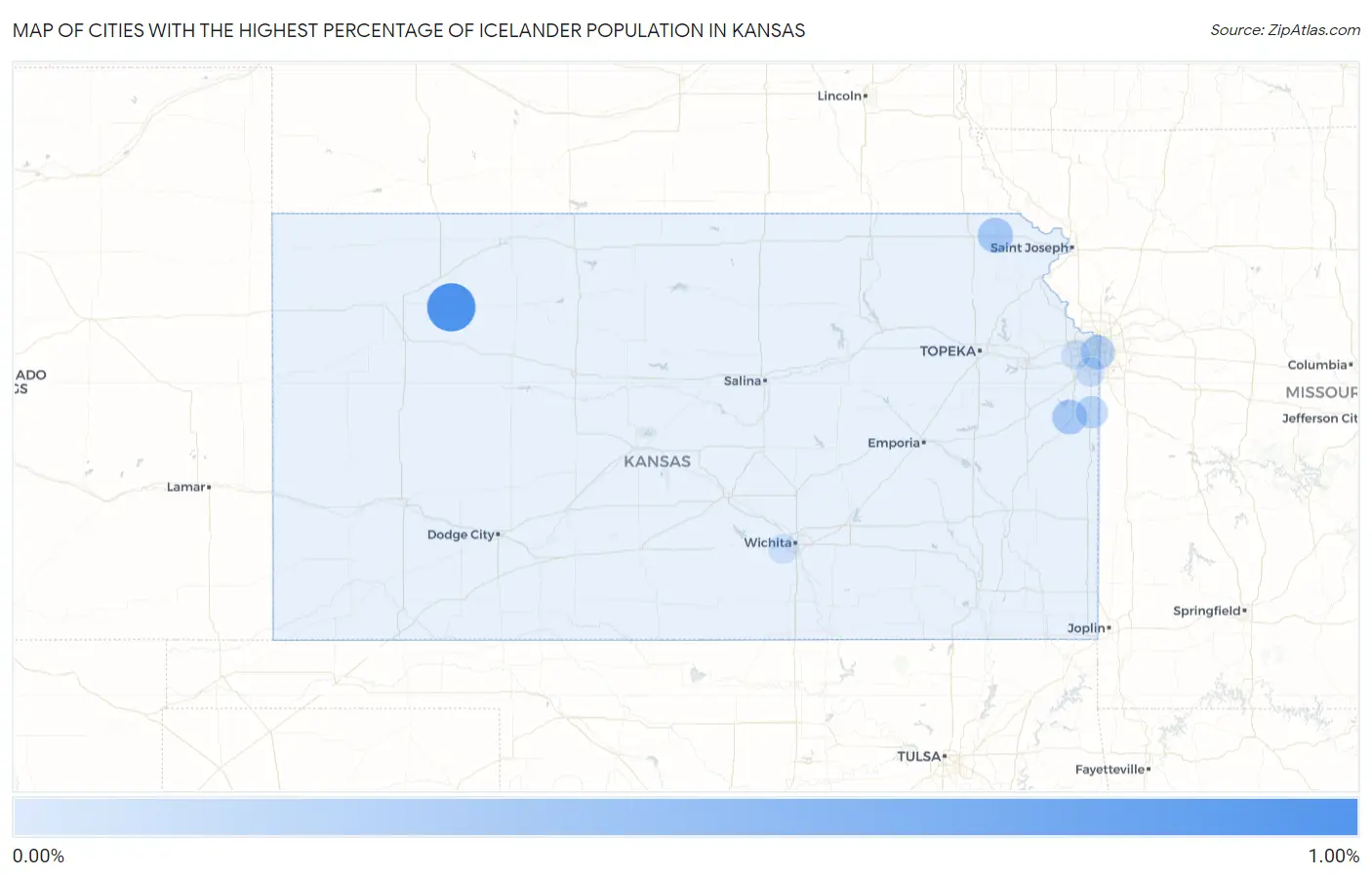 Cities with the Highest Percentage of Icelander Population in Kansas Map