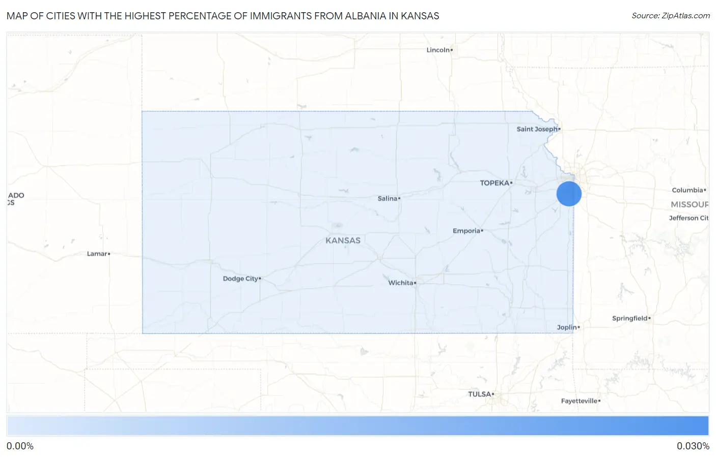 Cities with the Highest Percentage of Immigrants from Albania in Kansas Map