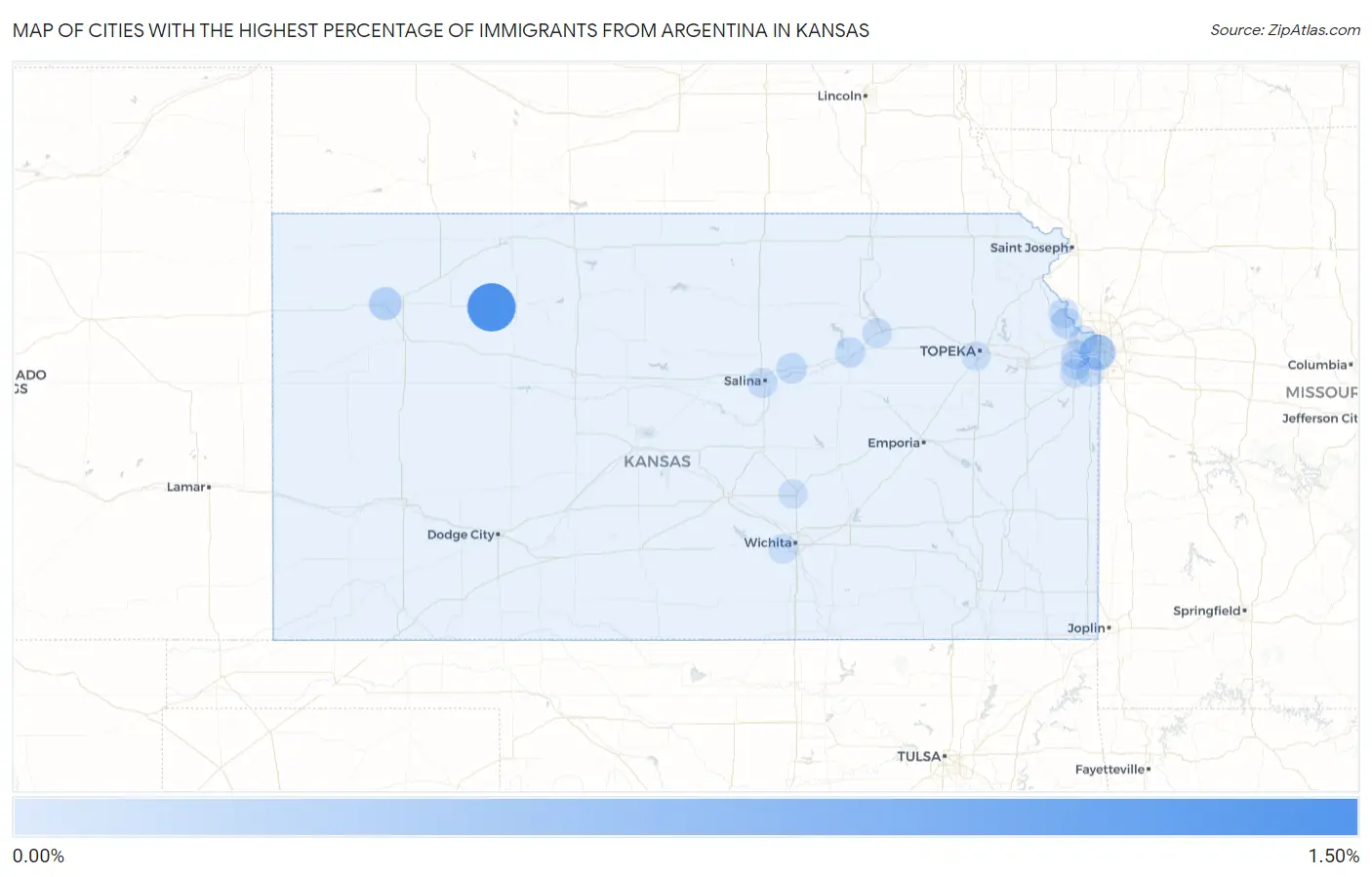 Cities with the Highest Percentage of Immigrants from Argentina in Kansas Map