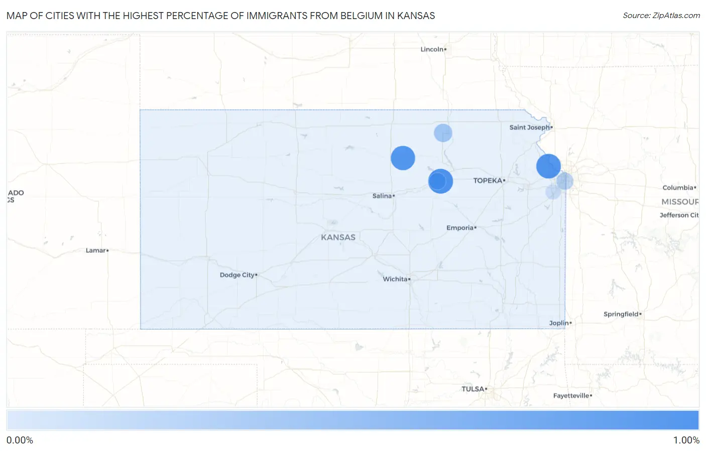 Cities with the Highest Percentage of Immigrants from Belgium in Kansas Map