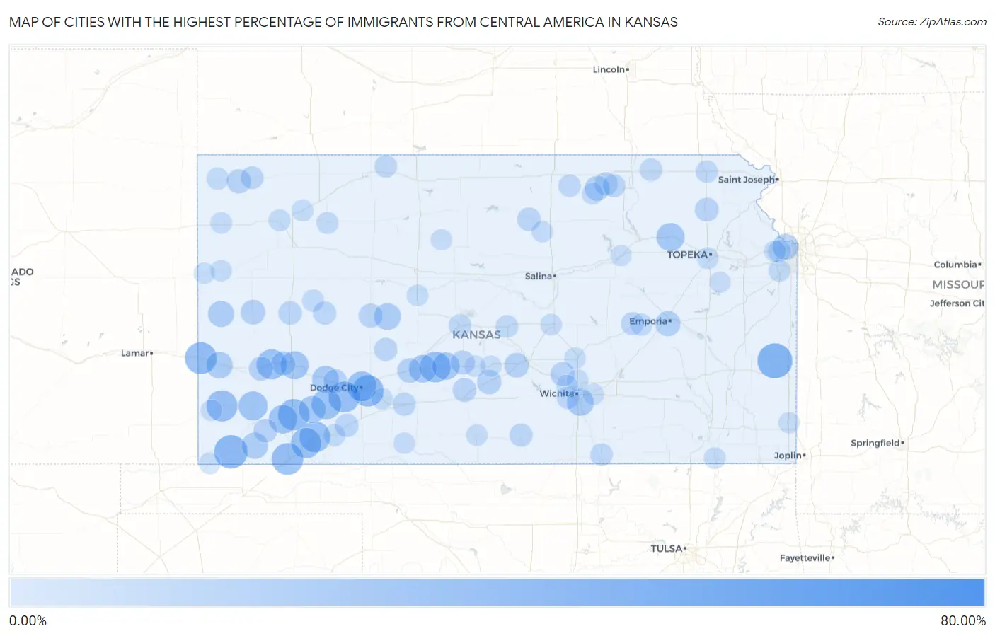 Cities with the Highest Percentage of Immigrants from Central America in Kansas Map